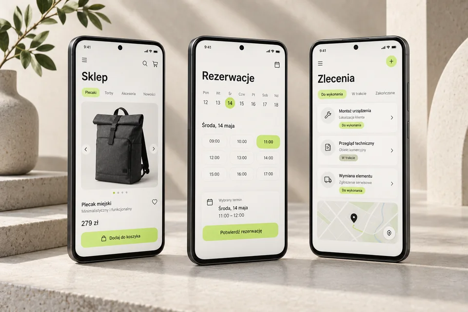Wizualizacja trzech aplikacji mobilnych: sklepu, rezerwacji i obsługi zleceń.
